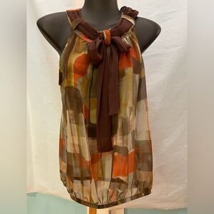 PAPAYA medium green, orange & brown geometric halter top with geometric designs